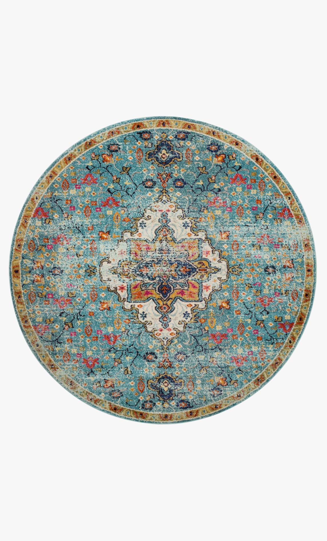 Round blue and midnight transitional rug with ornate floral center and border