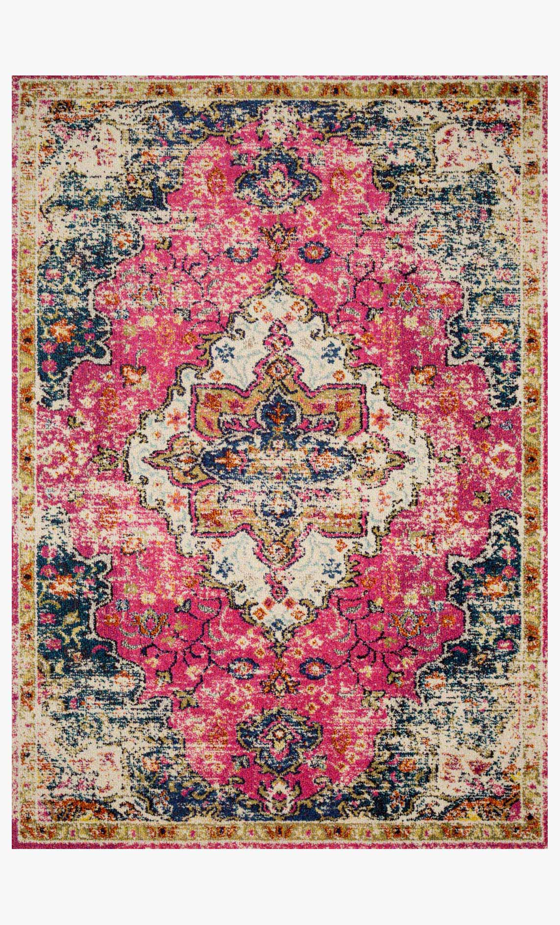 Pink and midnight blue transitional rug with ornate medallion pattern and border, rectangular