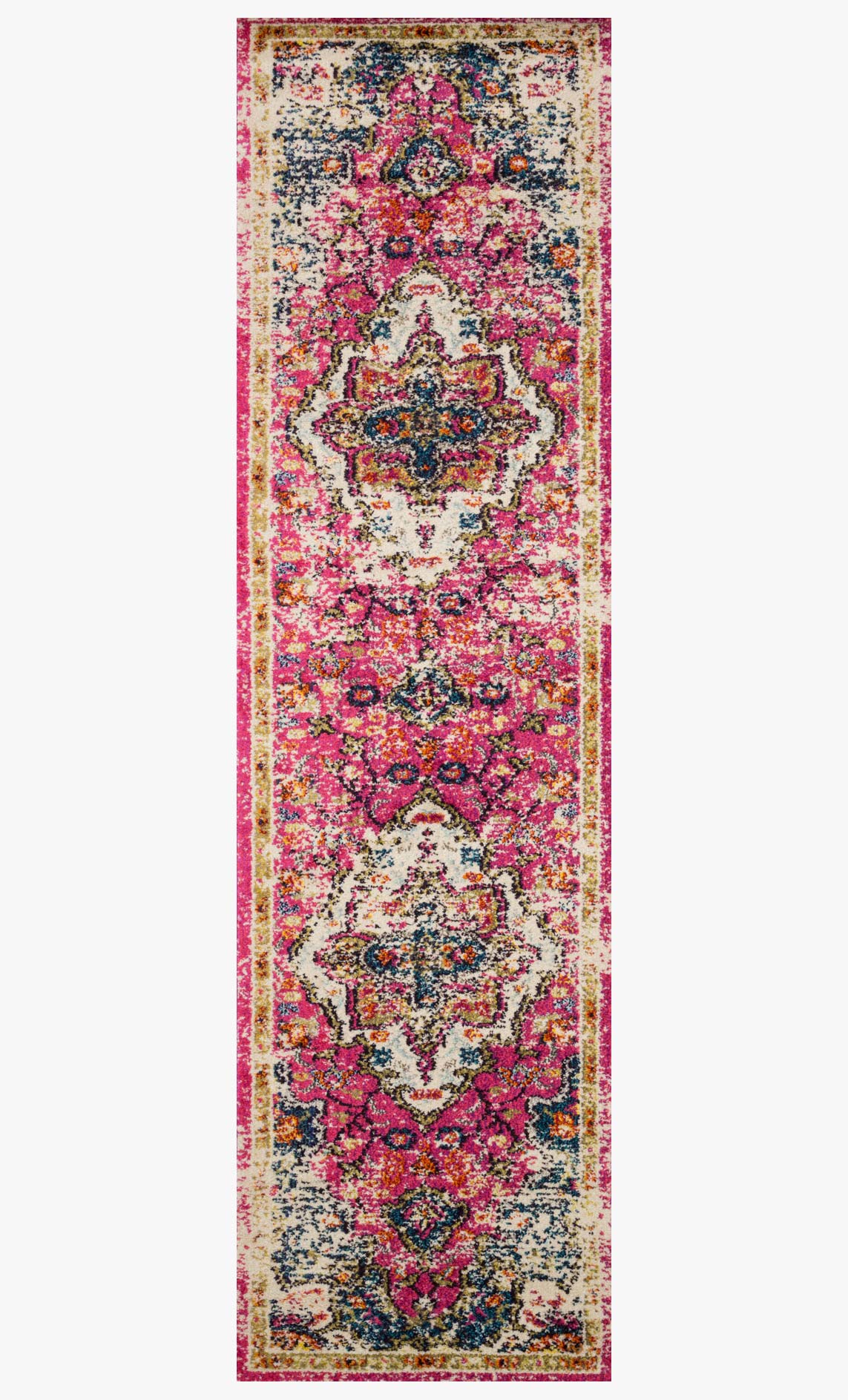 Pink and dark navy patterned runner rug with repeating ornate medallions
