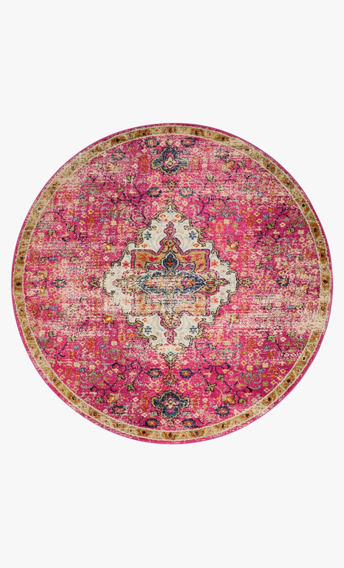 Round pink and dark navy area rug with central medallion and distressed details