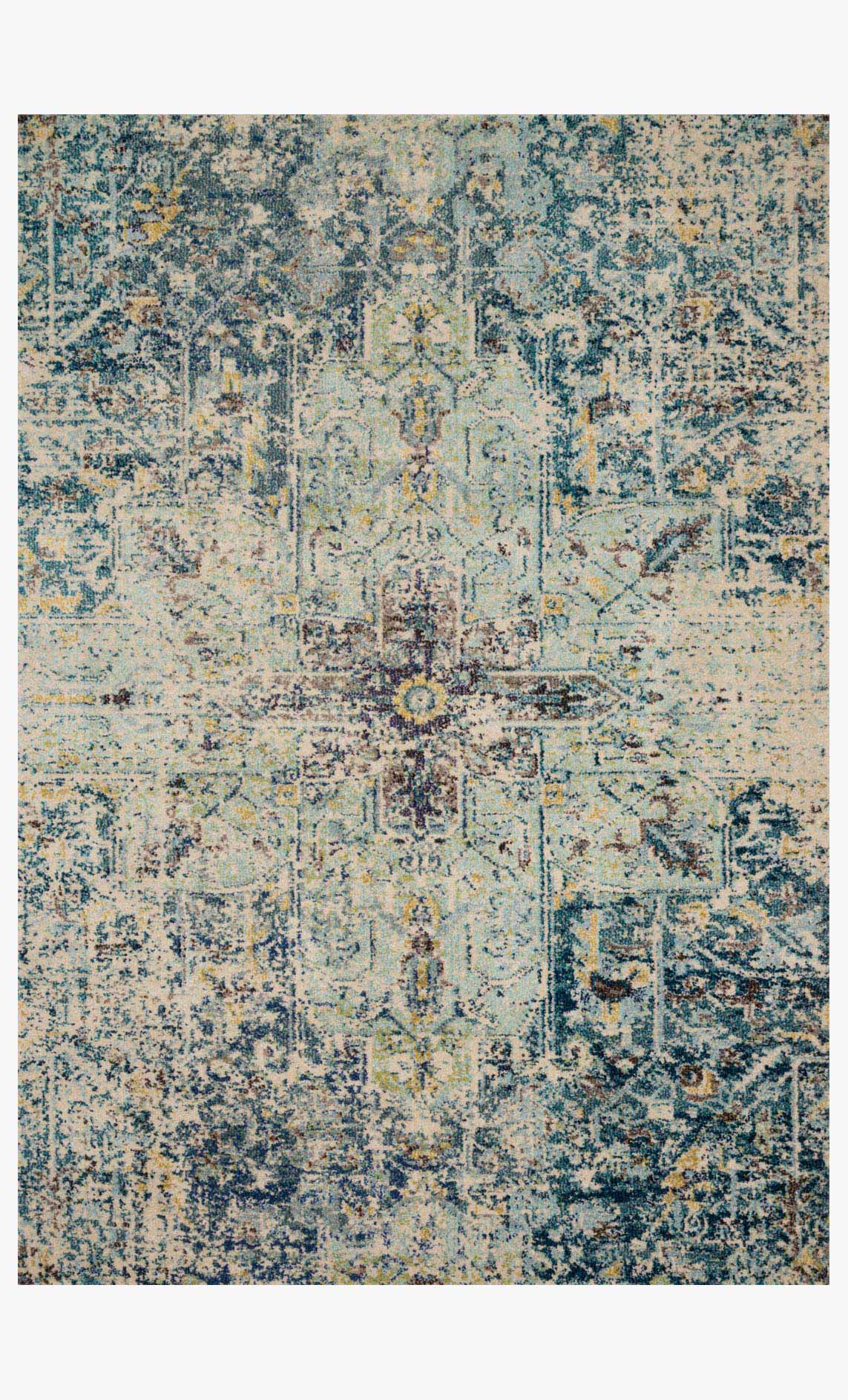 Transitional power-loomed rug with aqua and navy abstract distressed pattern