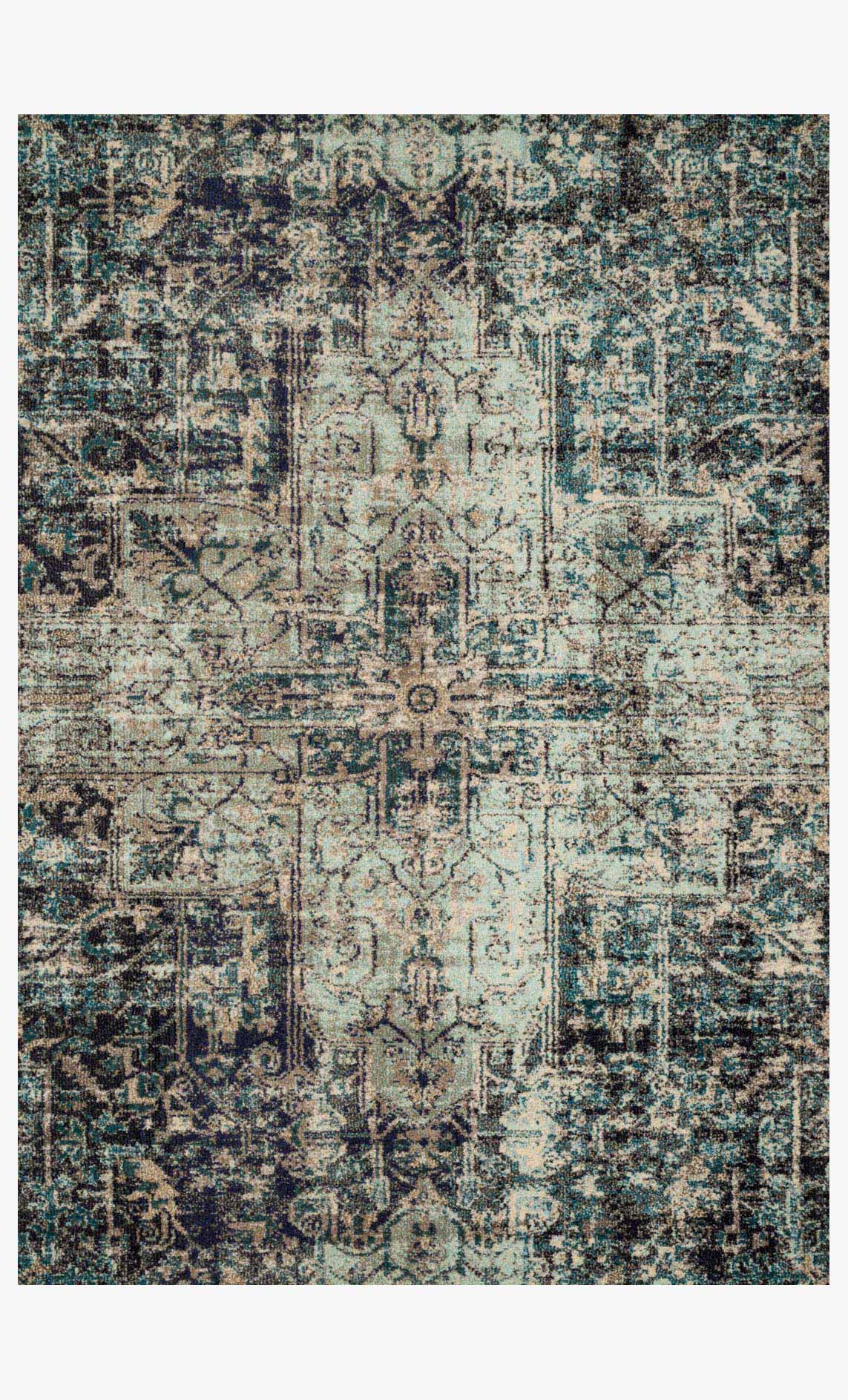 Power-loomed transitional rug, distressed medallion pattern in smoke gray and slate blue
