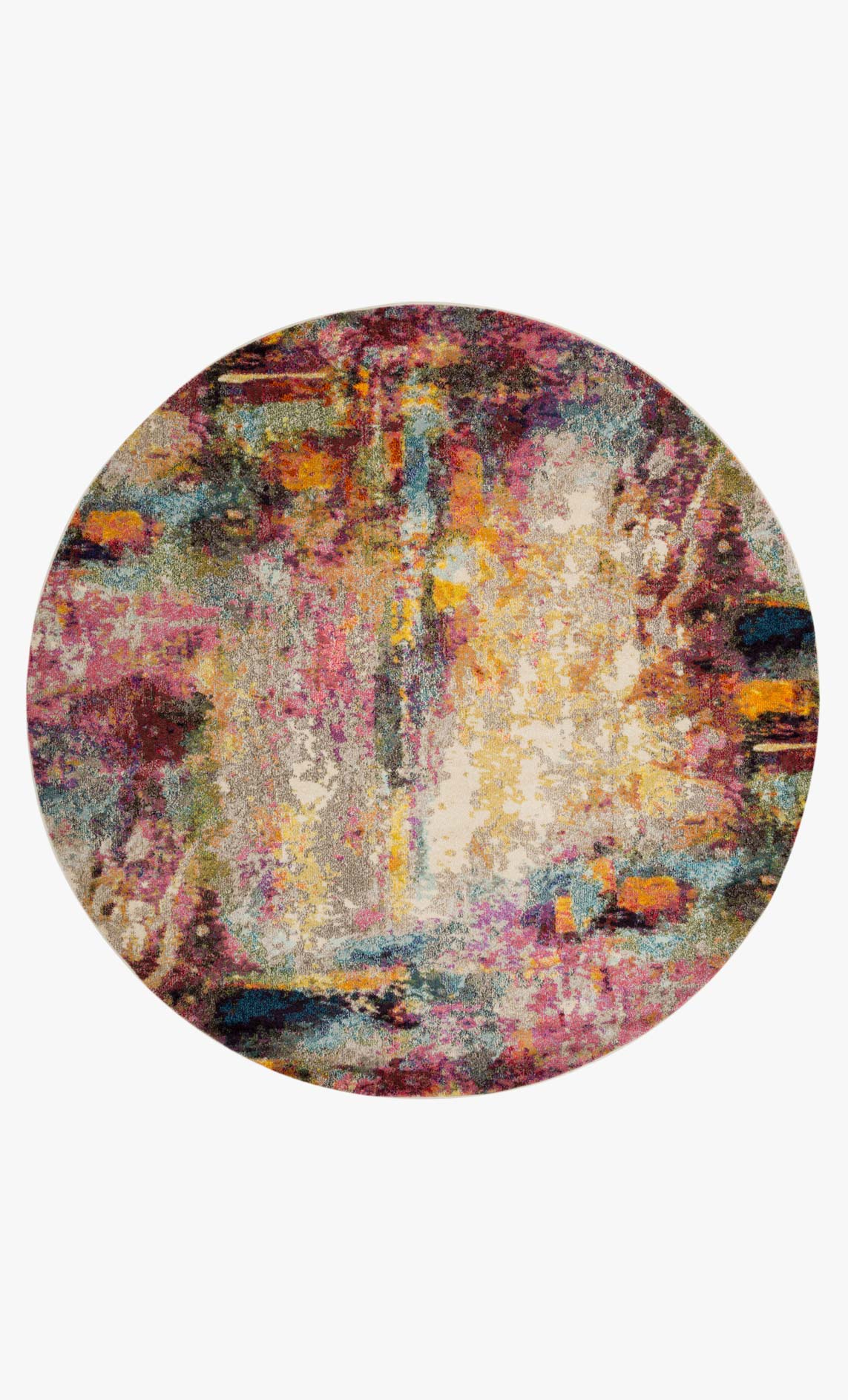 Round multicolor abstract rug with speckled texture and soft color blotches