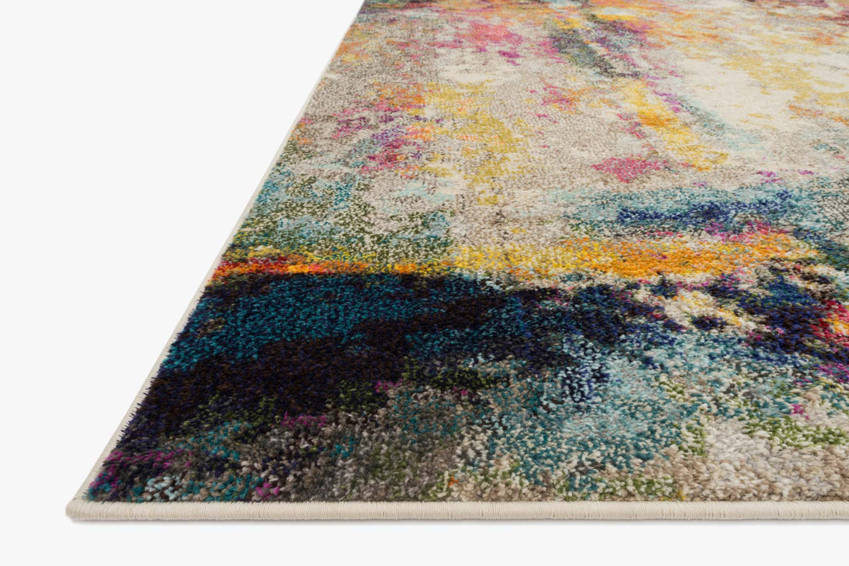 Multicolor abstract area rug with textured surface, corner view