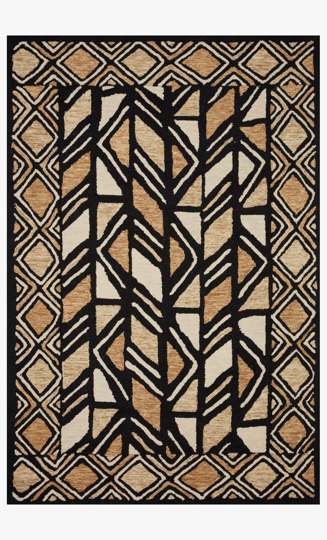 Hand-tufted rug with black and beige geometric pattern, diamond and chevron motifs