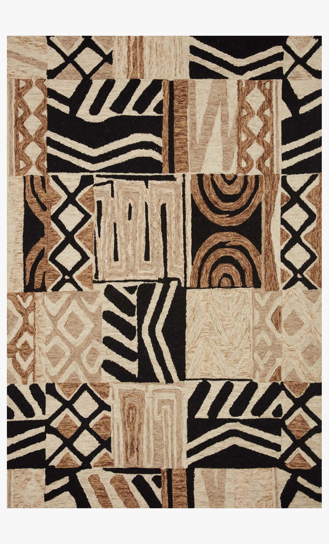 Contemporary hand-tufted rug with geometric blocks in tobacco brown, natural cream, black