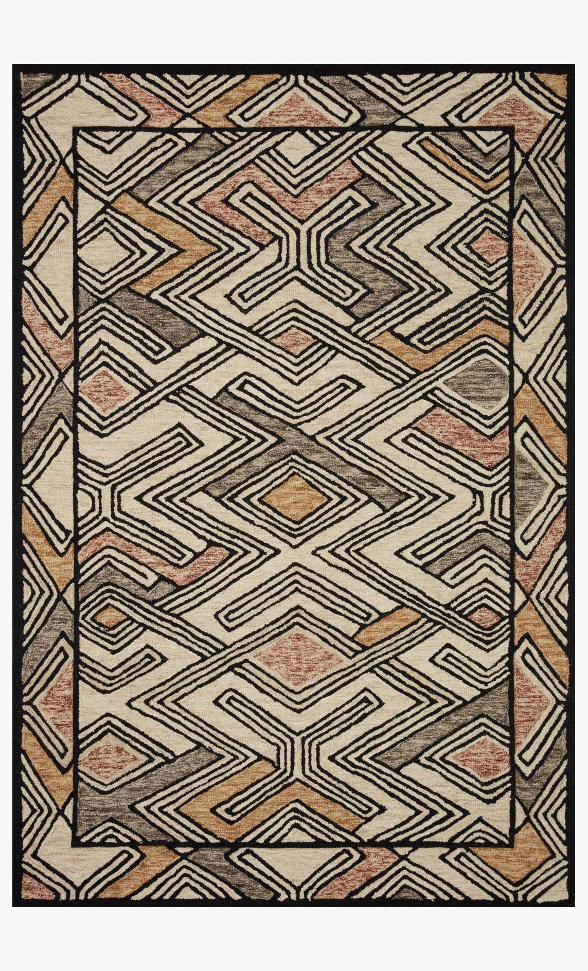 Ivory hand-tufted rug with geometric diamond and zigzag motif in black and rust