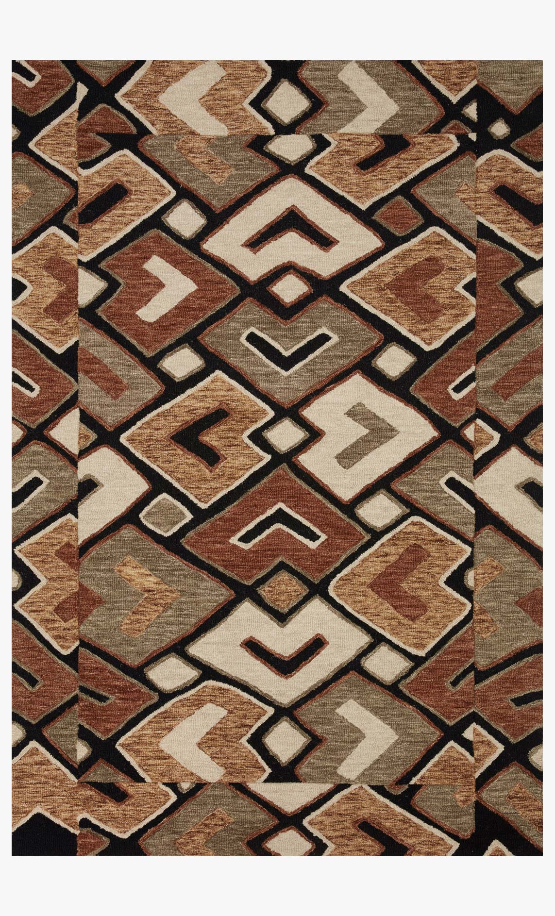 Contemporary hand-tufted rug with geometric diamond pattern in sage, bark, and black