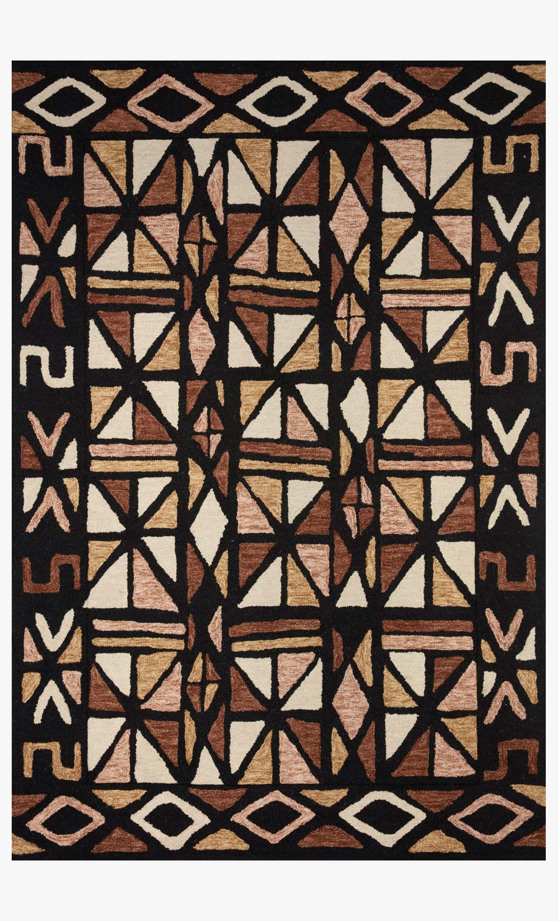 Hand-tufted area rug with geometric lattice pattern in spice, black, and cream
