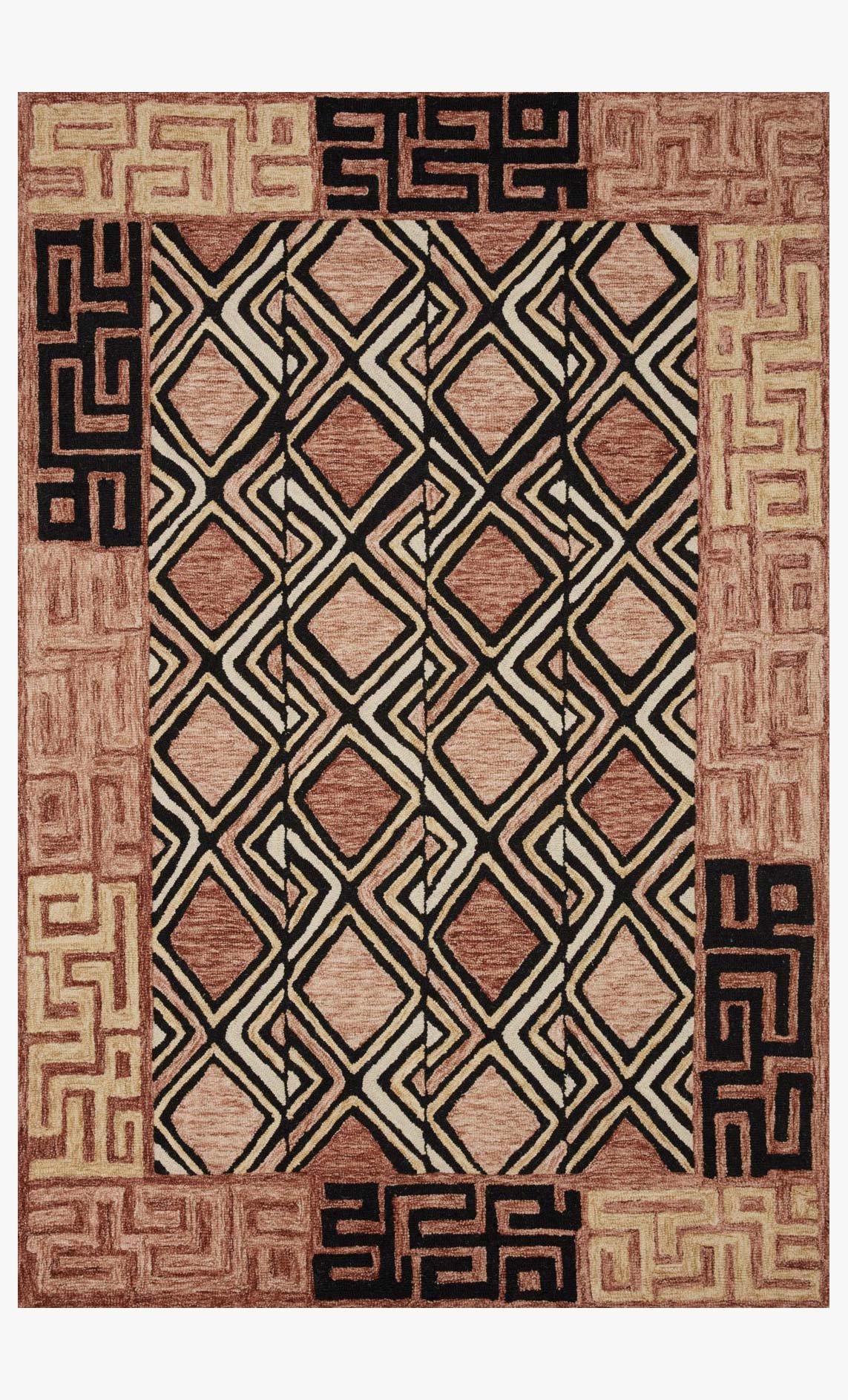 Contemporary hand-tufted rug with rose and black geometric medallion pattern, rectangular.