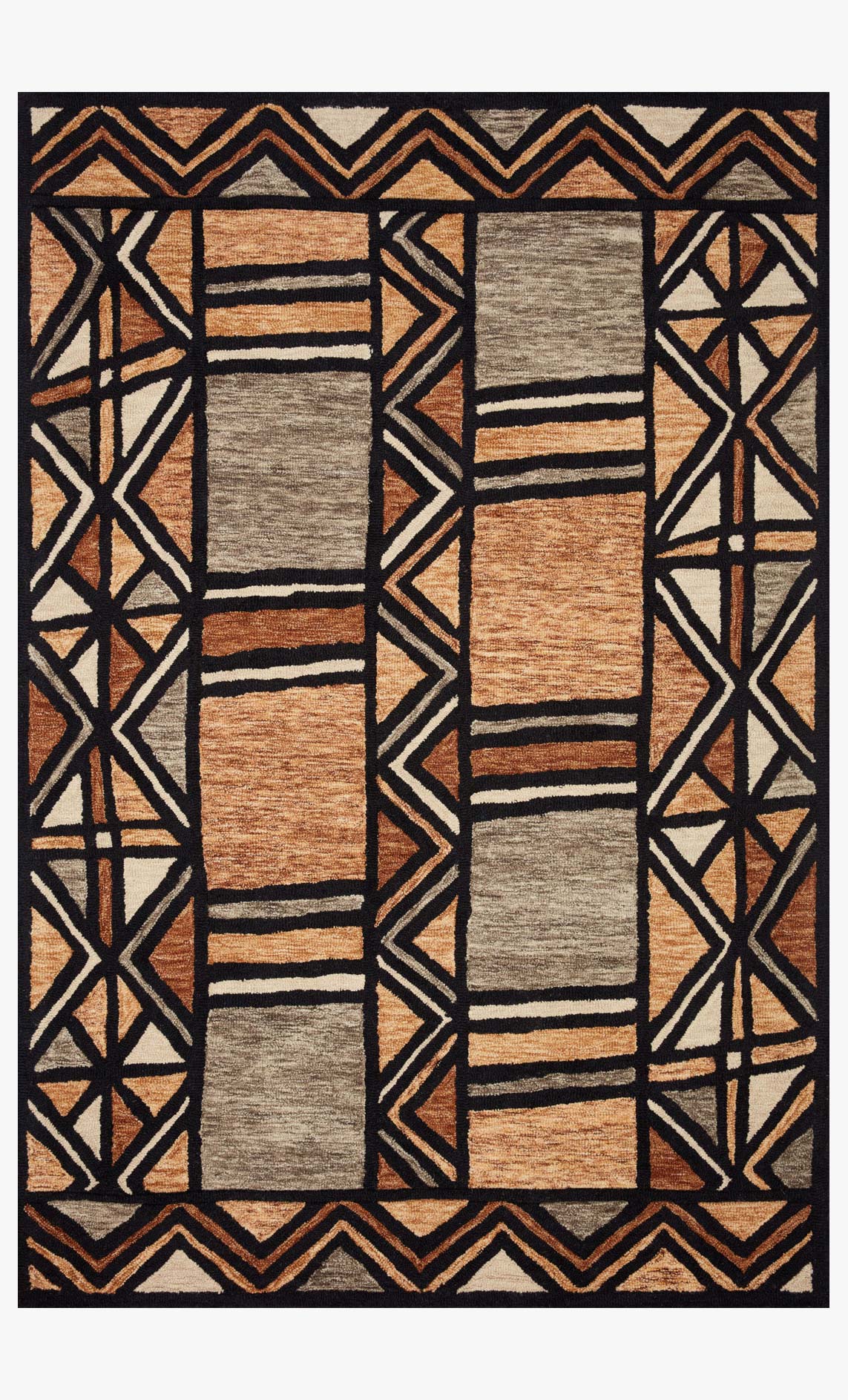 Contemporary hand-tufted rug with geometric diamond and zigzag pattern in walnut and black