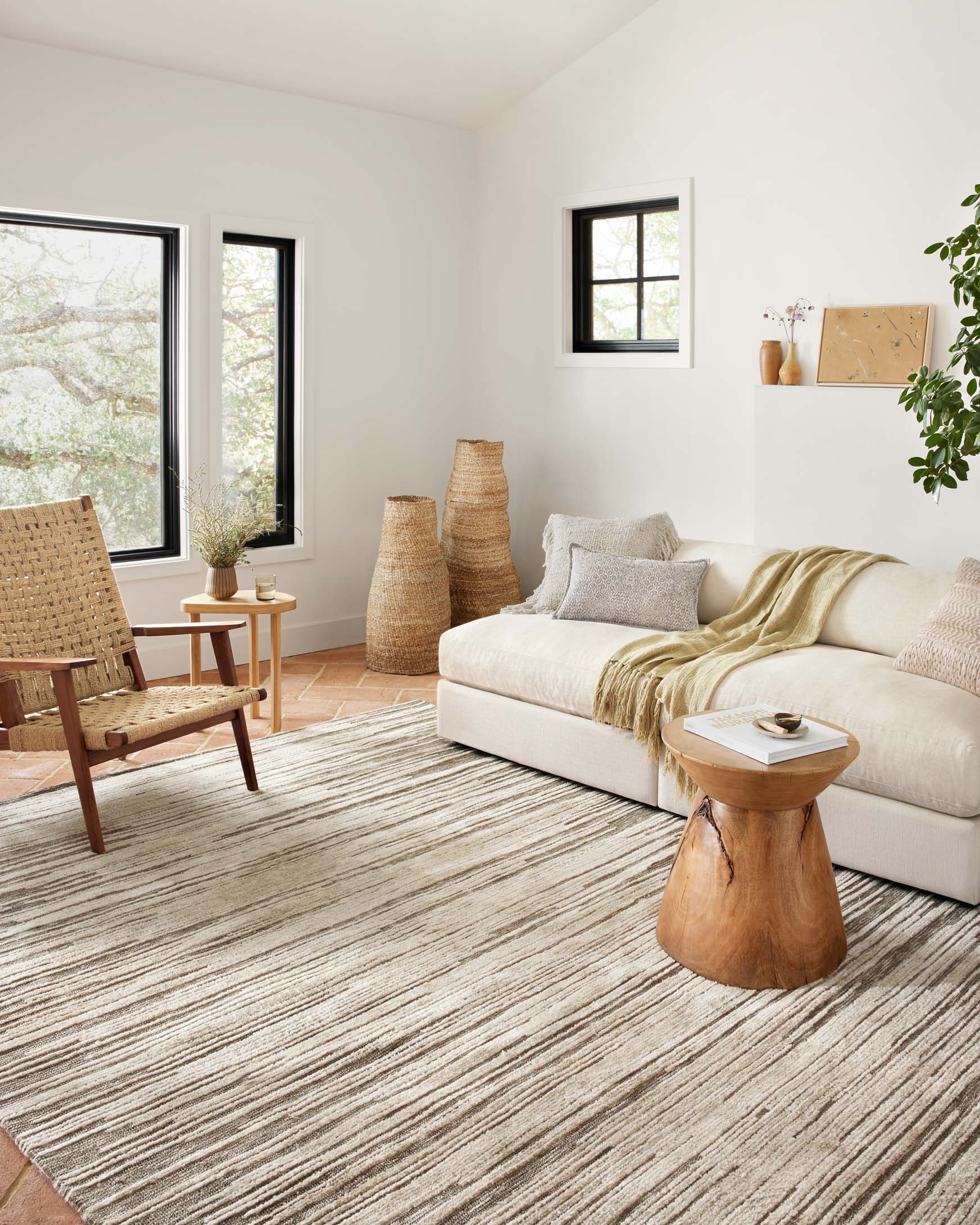 Taupe and stone low-pile area rug with distressed horizontal stripes
