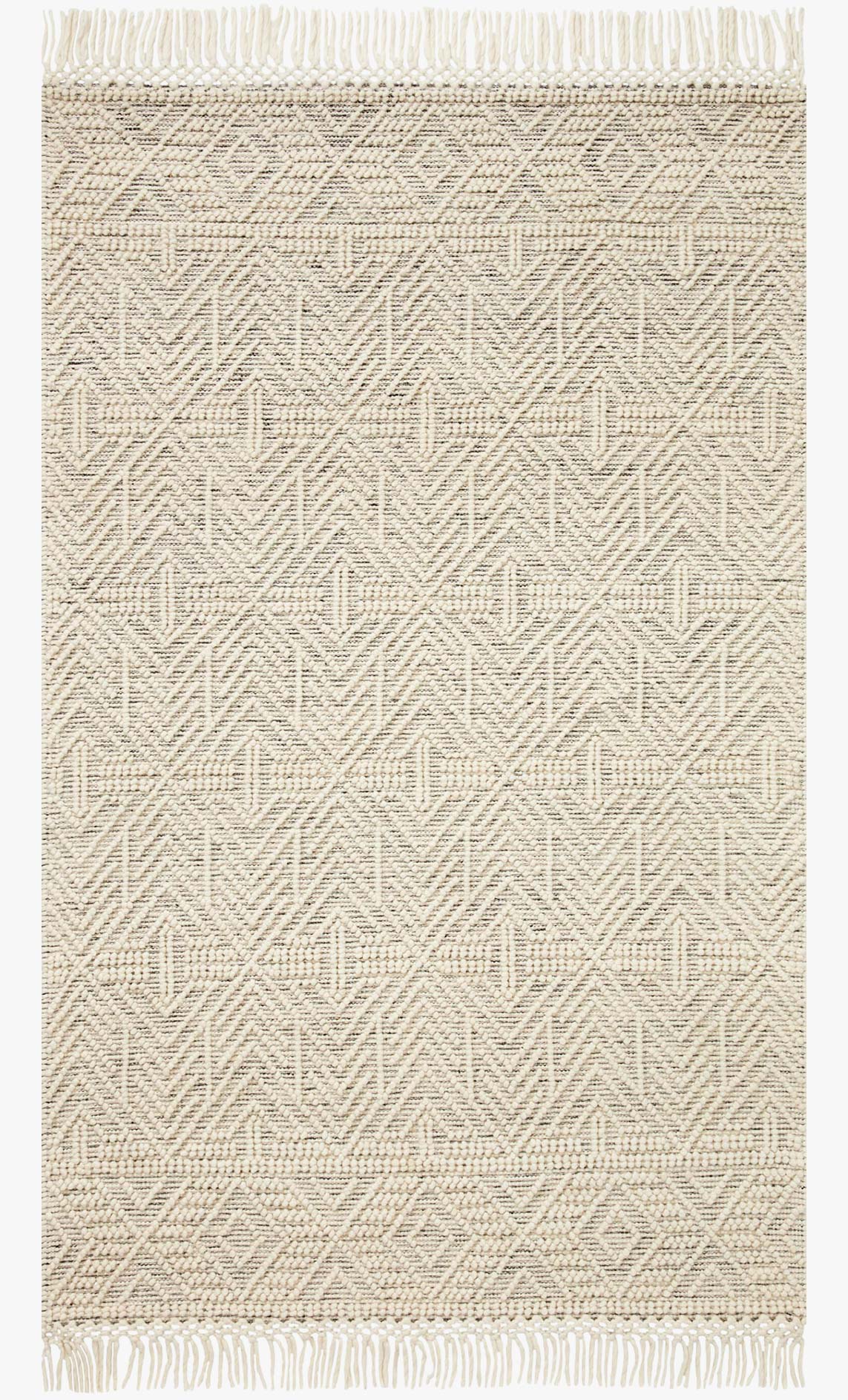 Ivory hand-woven rug with black geometric pattern and fringe edges