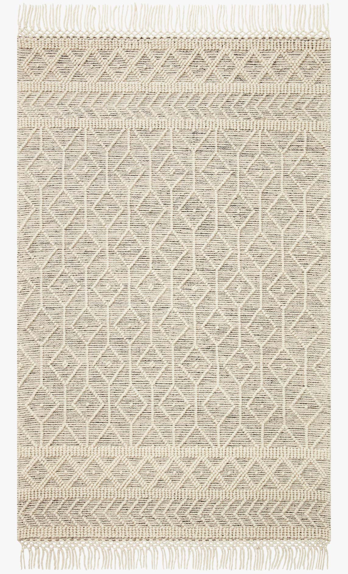 Ivory hand-woven rug with geometric pattern and short fringe edges, with dark accents.