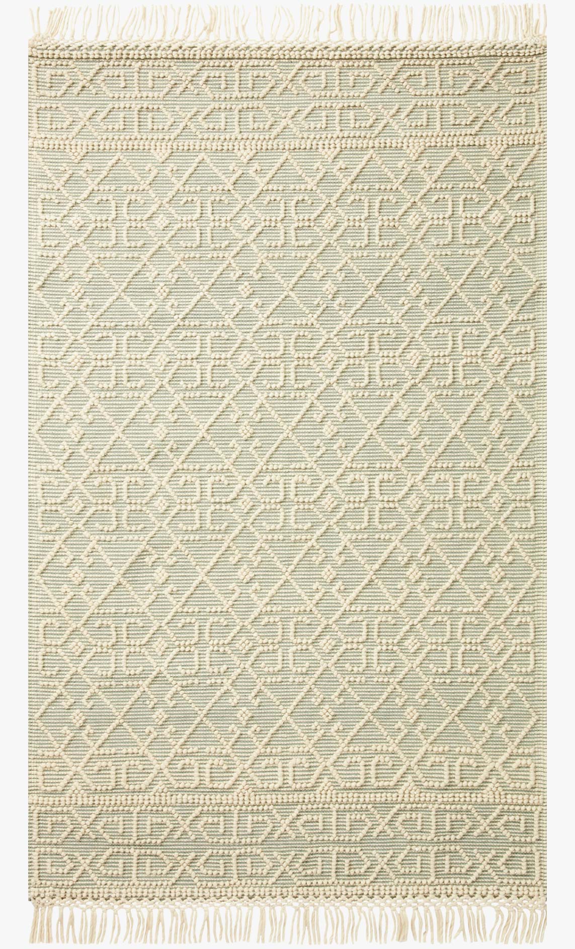 Ivory and blue hand-woven rug with geometric lattice pattern and fringe edges