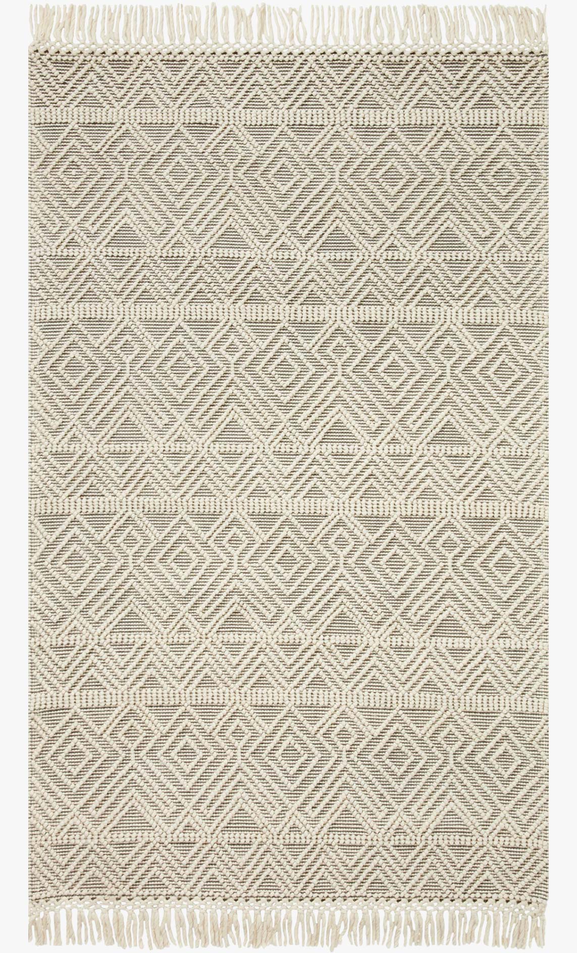 Ivory and gray hand-woven rug with diamond zigzag pattern and fringed edges