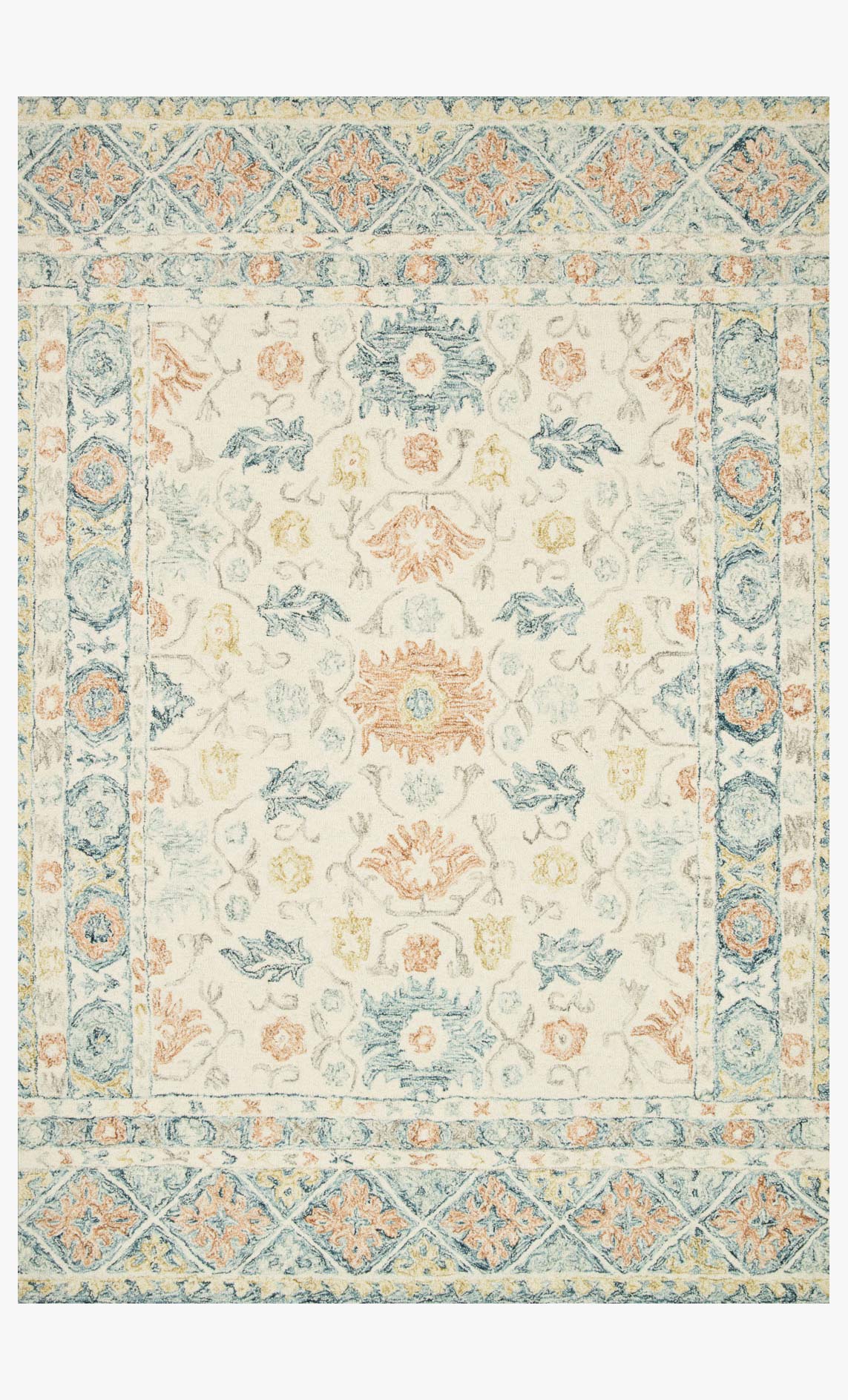 Ivory hooked rug with blue and orange floral motifs and border pattern