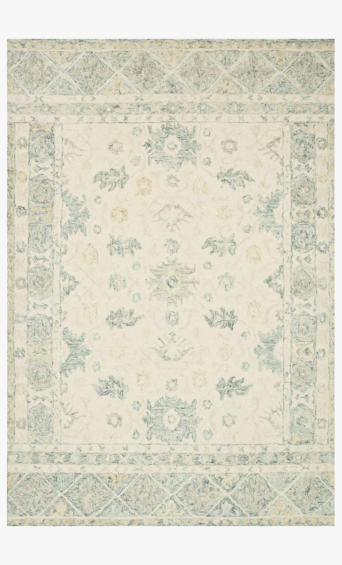 Ivory and slate hooked rug with ornate border and vintage medallion pattern