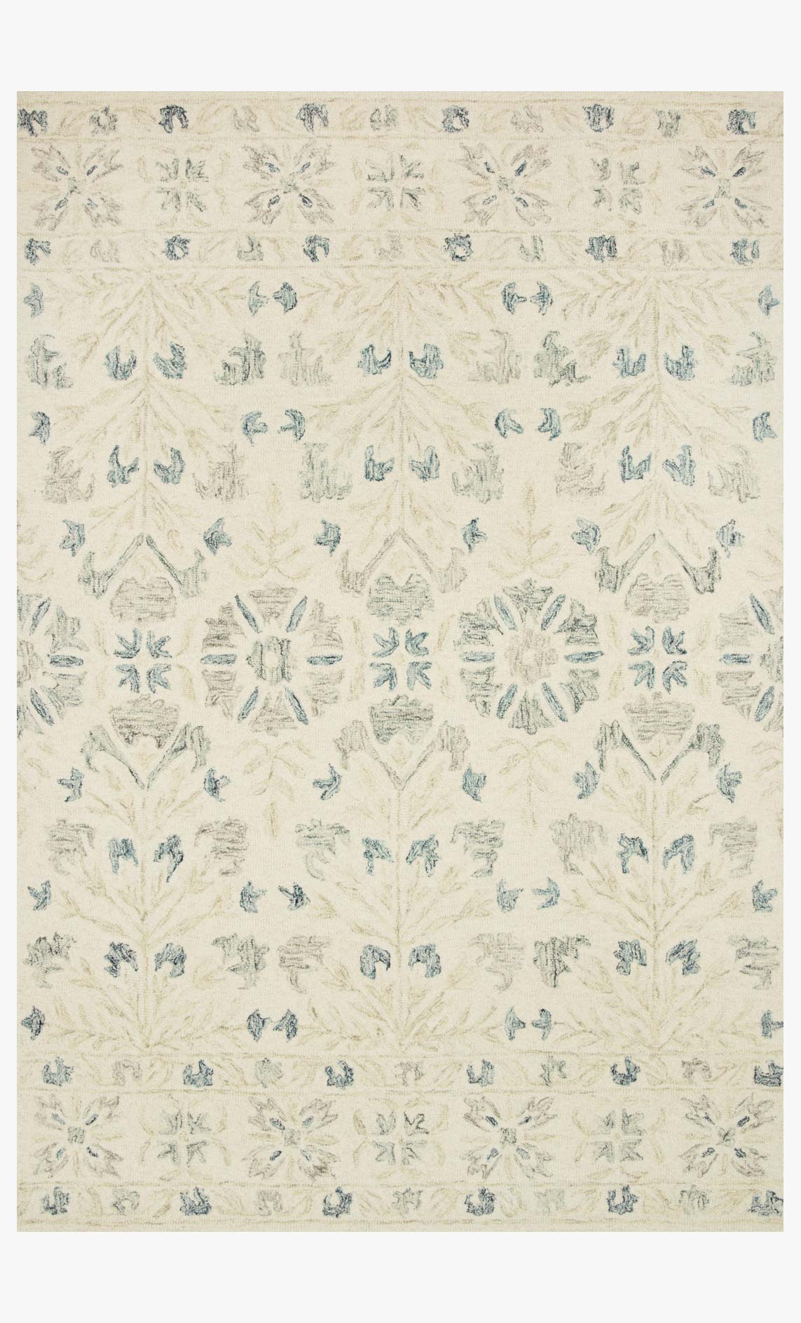 Ivory and light blue hooked area rug with scattered floral motif and bordered design