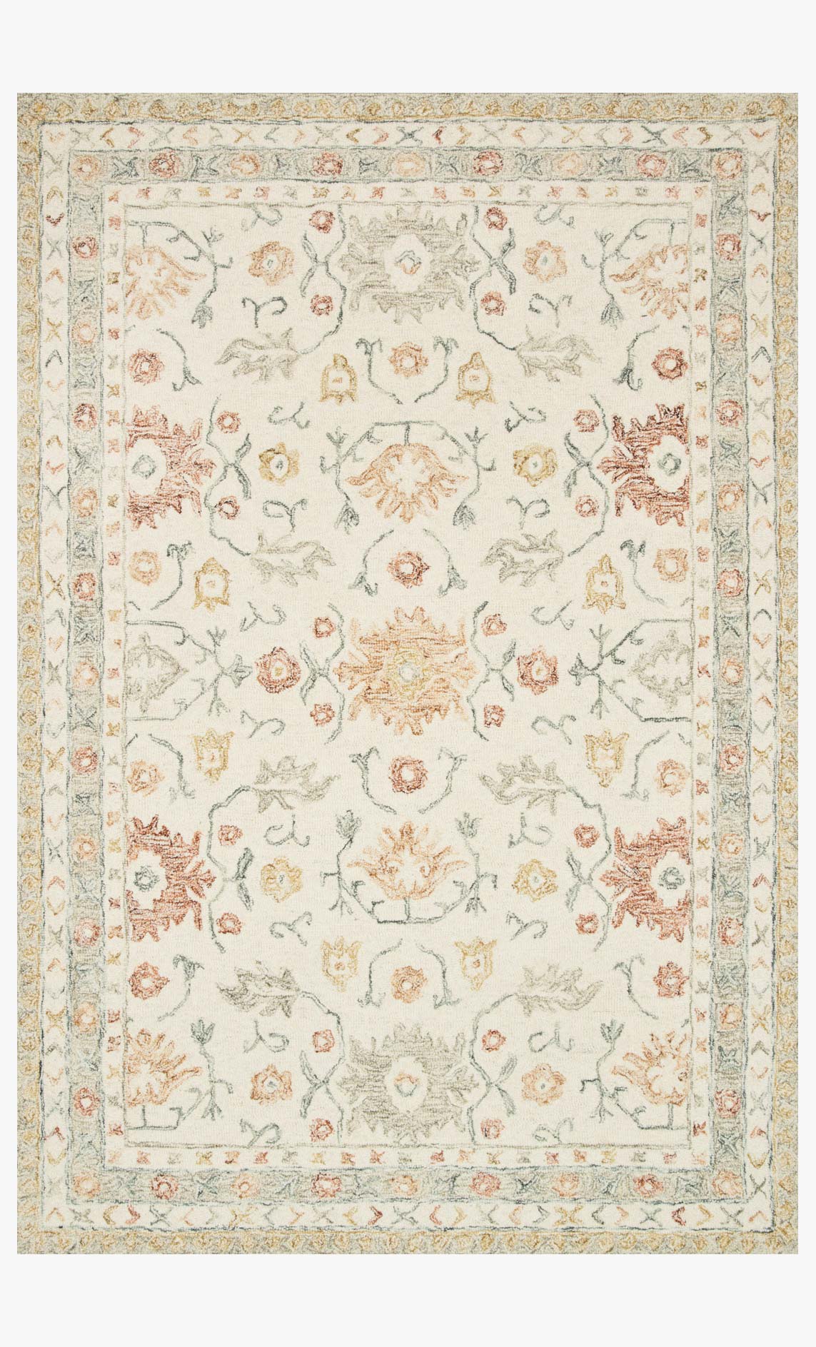Ivory hooked rug with rust and multicolor botanical medallion border