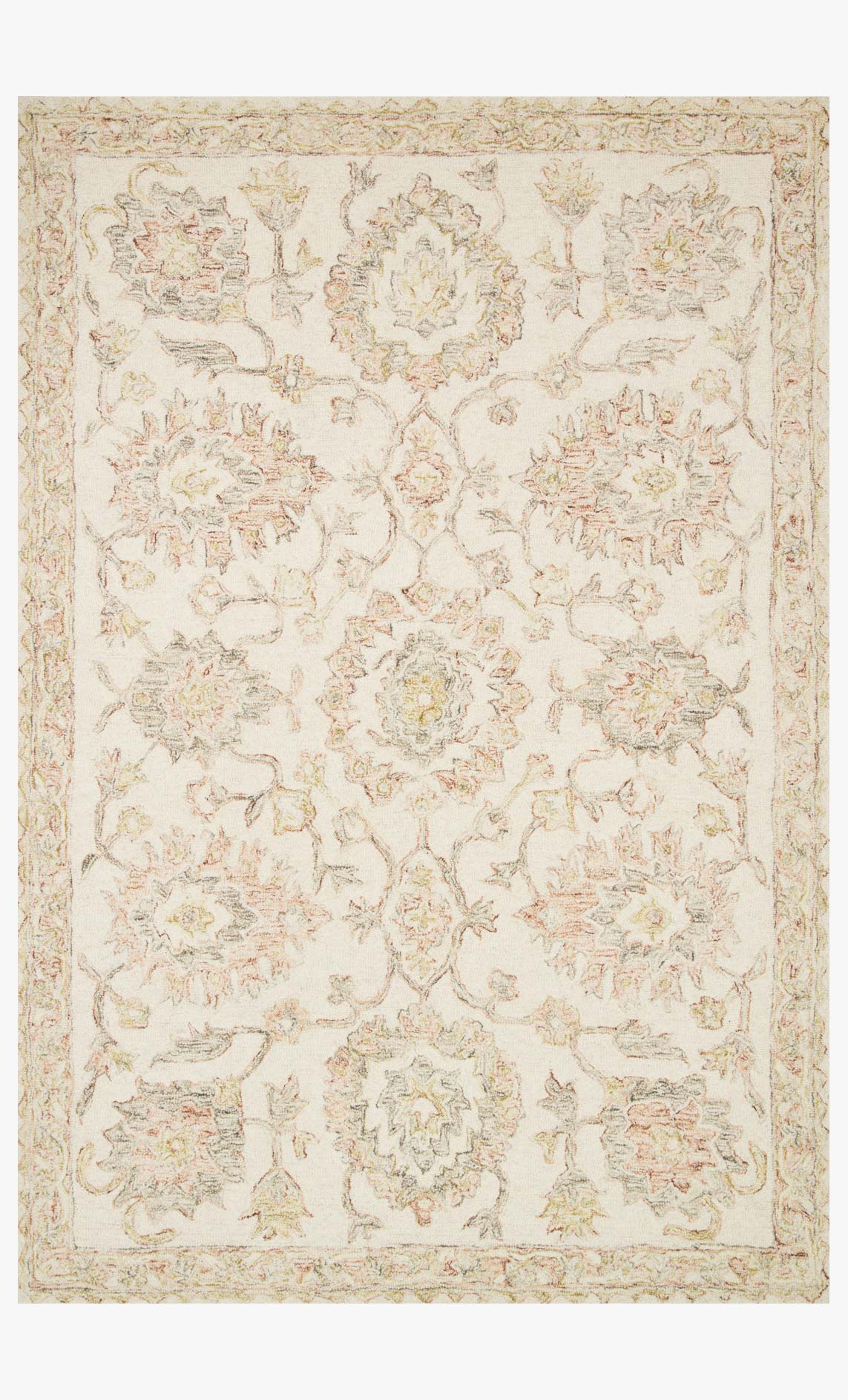 Ivory and blush hooked area rug with ornate medallion pattern, rectangular