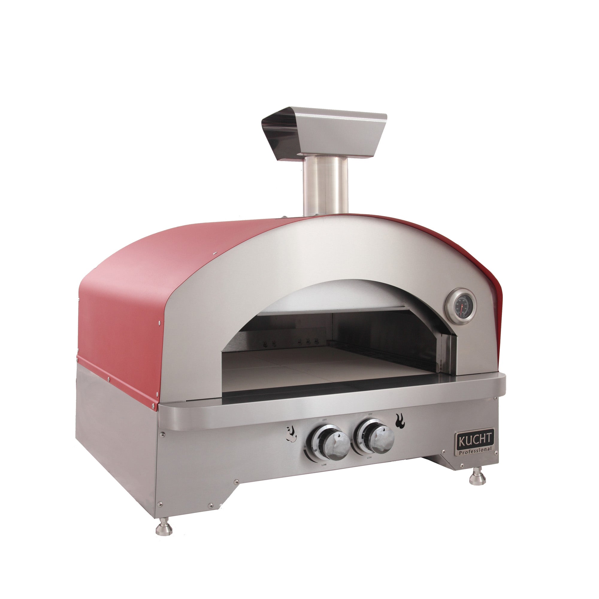 Kucht countertop gas oven with red hood, open front chamber, and three control knobs