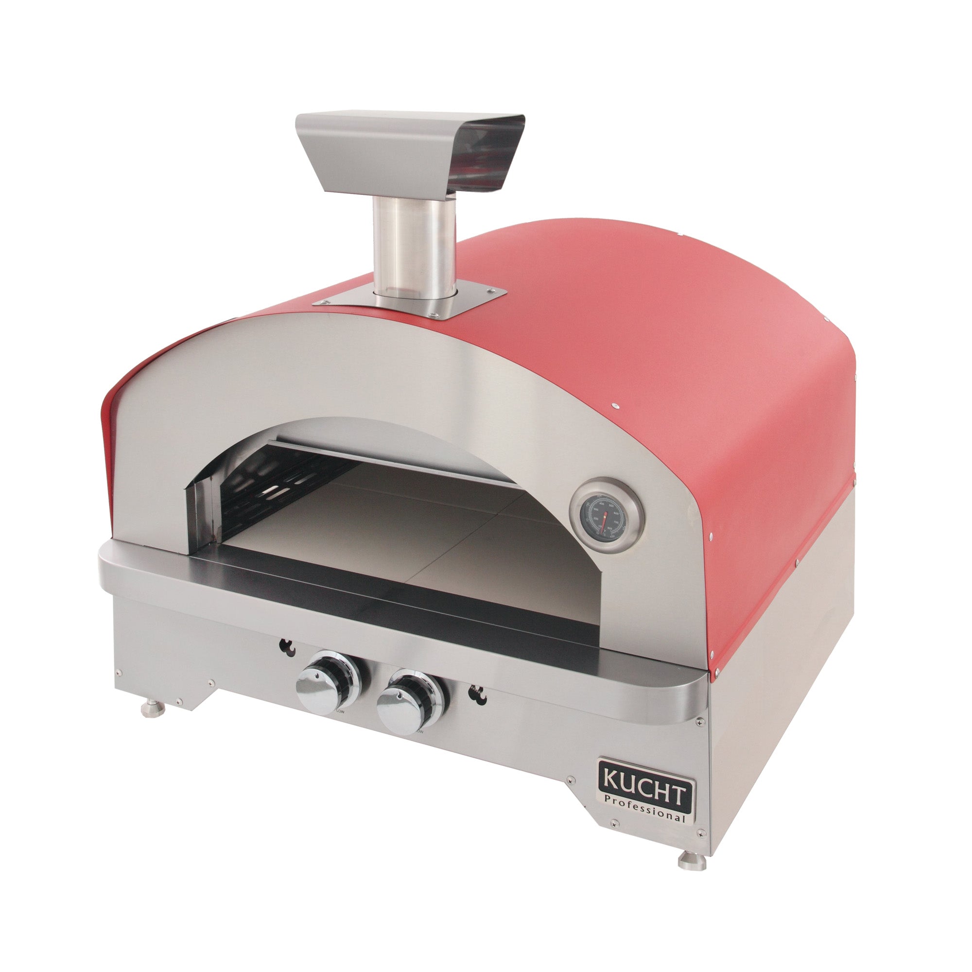 Kucht red and stainless countertop gas oven with open chamber, flame icons, and thermometer dial