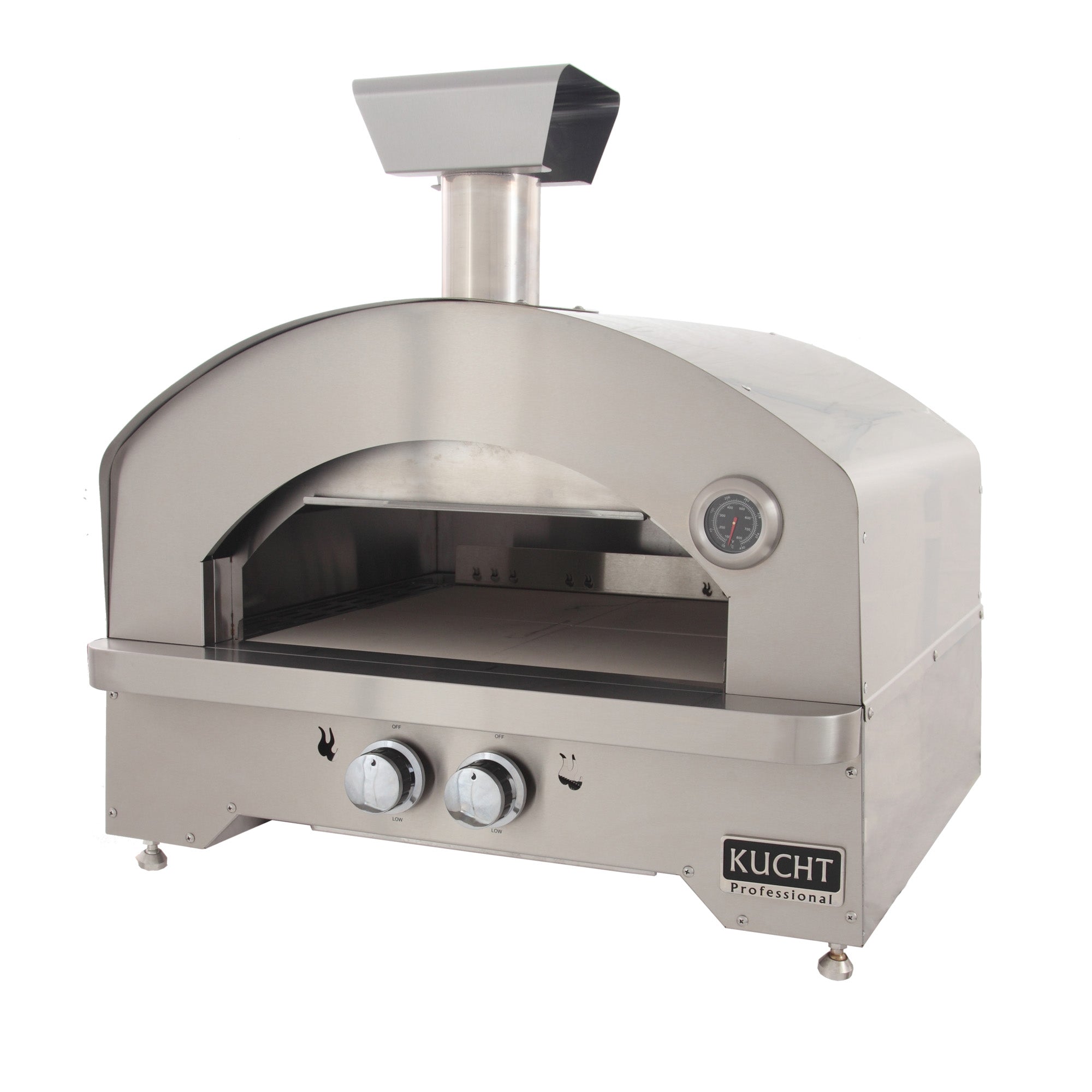 Stainless steel outdoor gas oven front with open chamber and temperature dial