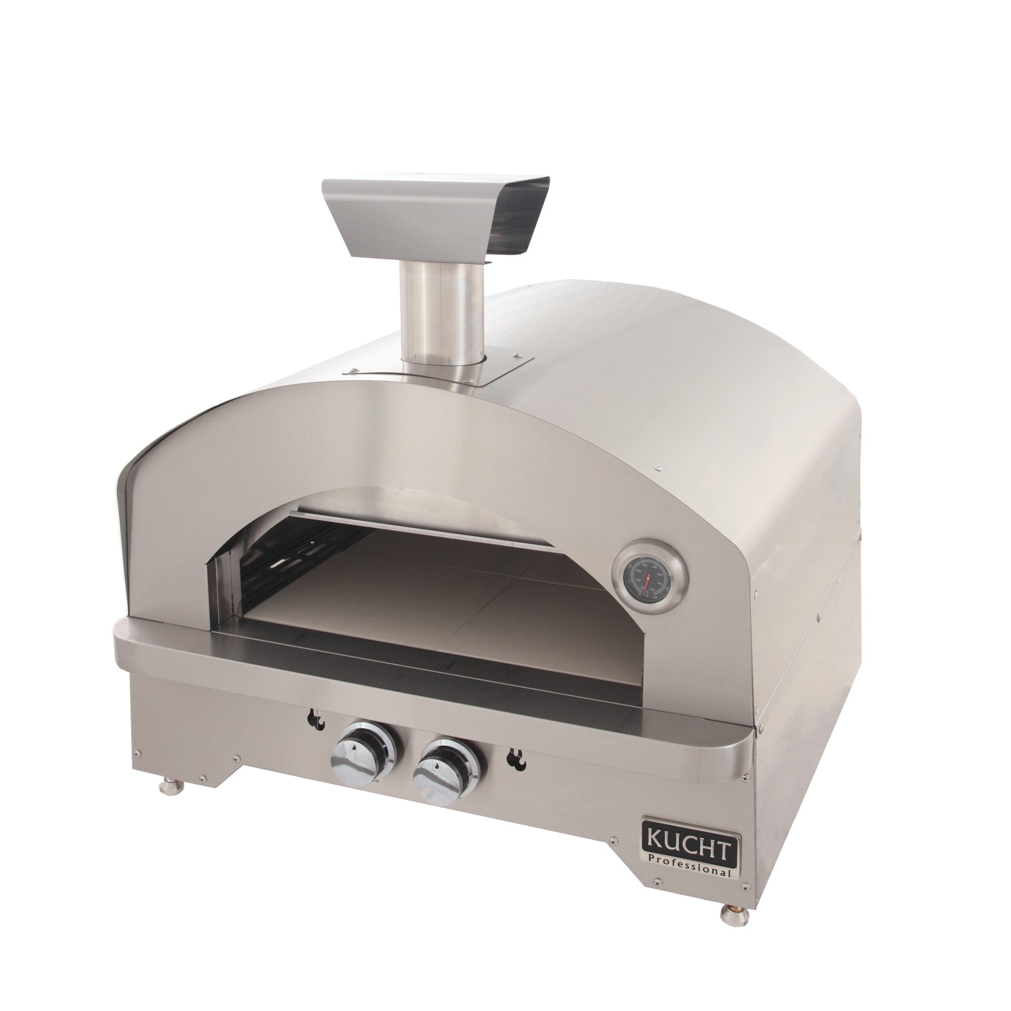 Stainless steel outdoor gas oven with chimney vent and open cooking cavity