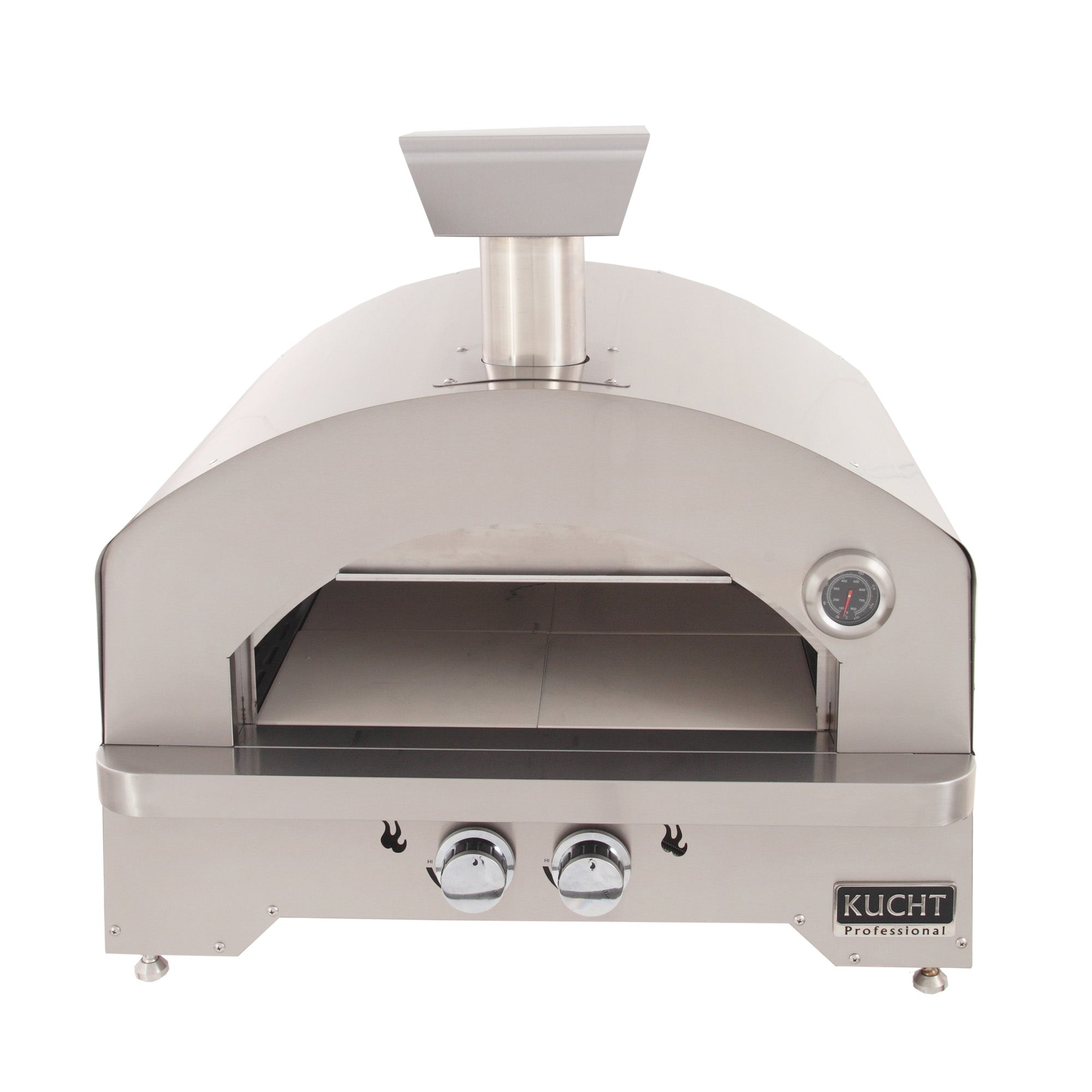 Stainless steel outdoor gas oven front with two knobs, flame icons, and open chamber