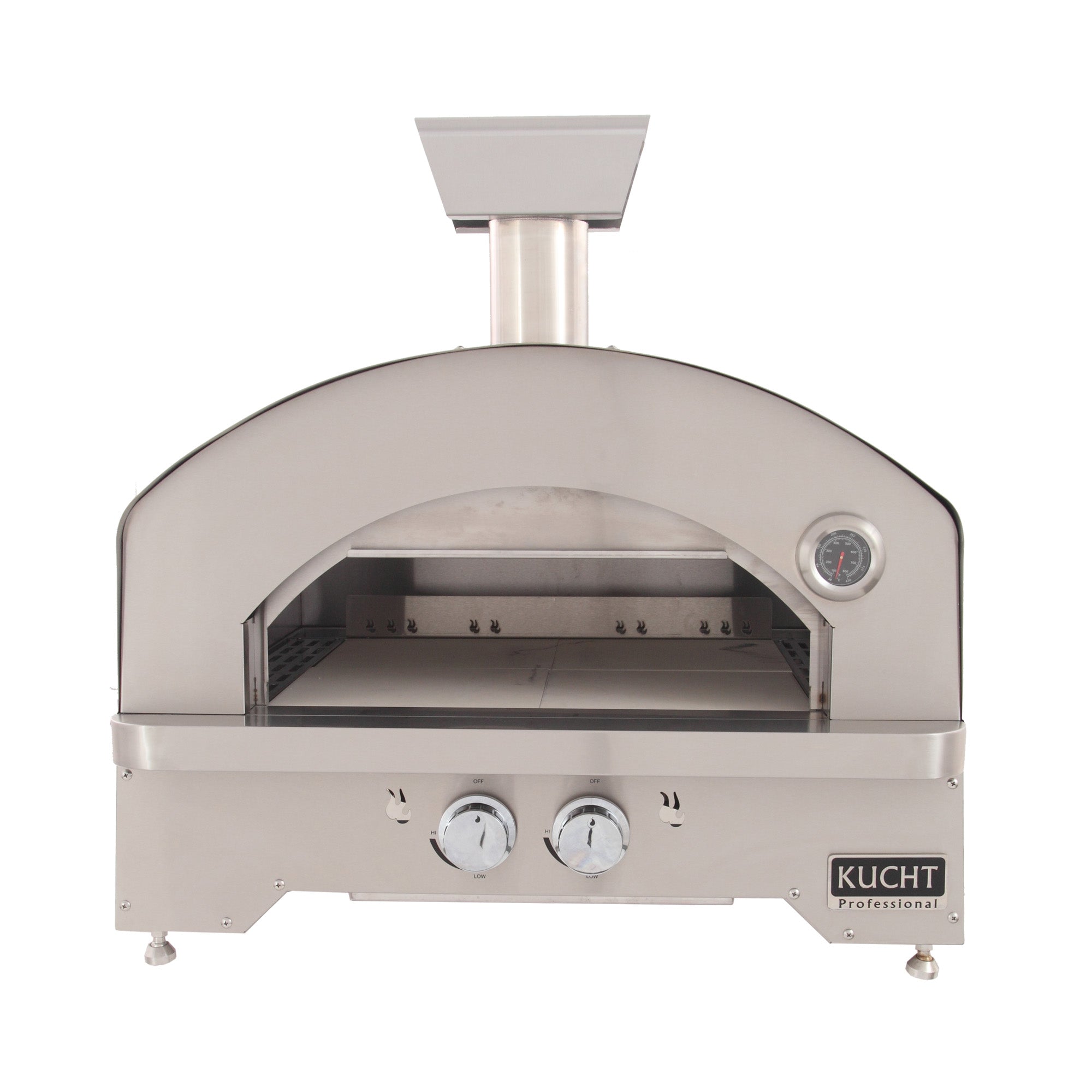 Stainless steel outdoor gas oven with arched dome and open cooking chamber