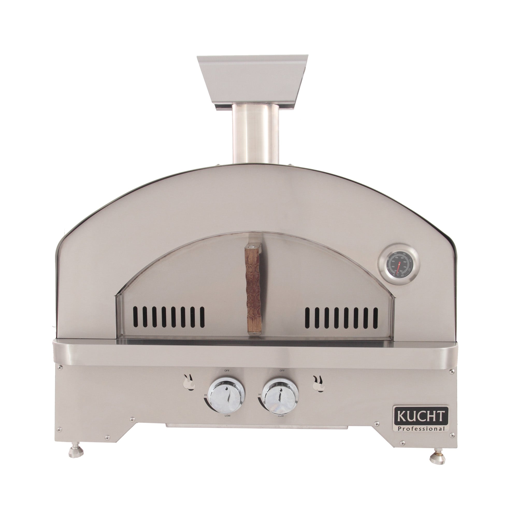 Stainless steel outdoor gas oven with arched dome, temperature gauge, and open chamber