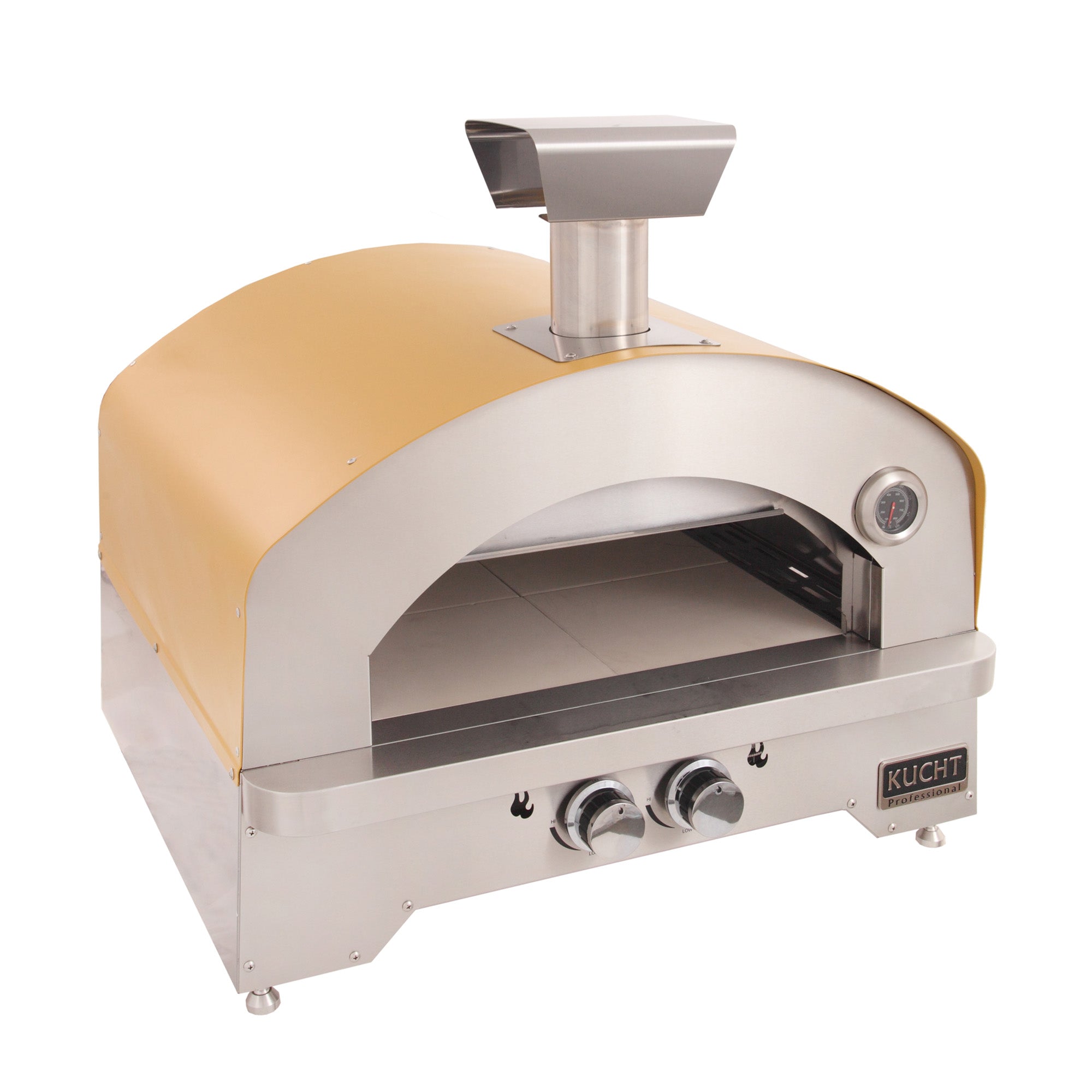 Stainless and yellow gas outdoor oven, open cooking chamber, and temperature gauge
