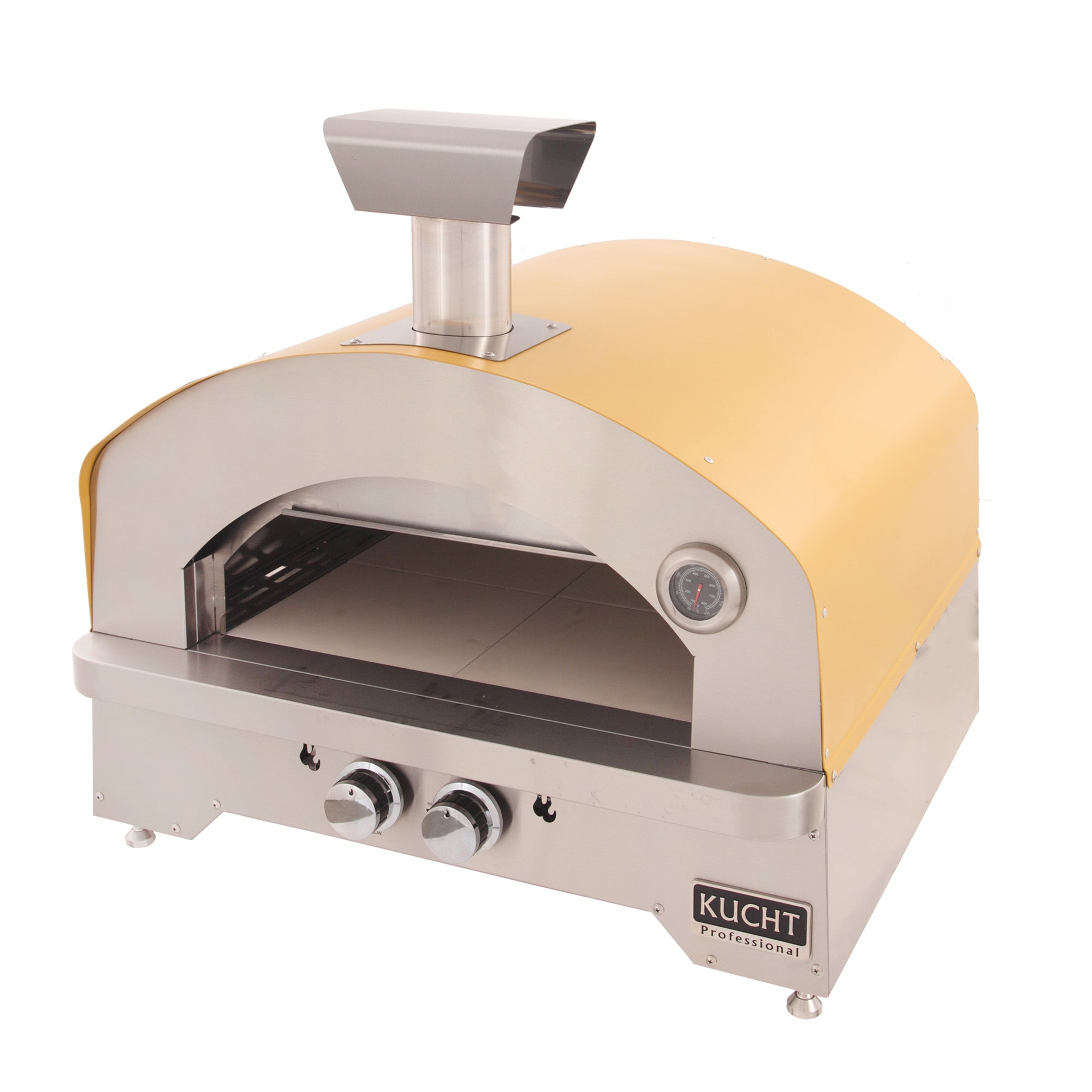 Yellow and stainless countertop gas outdoor oven with open front and front control panel