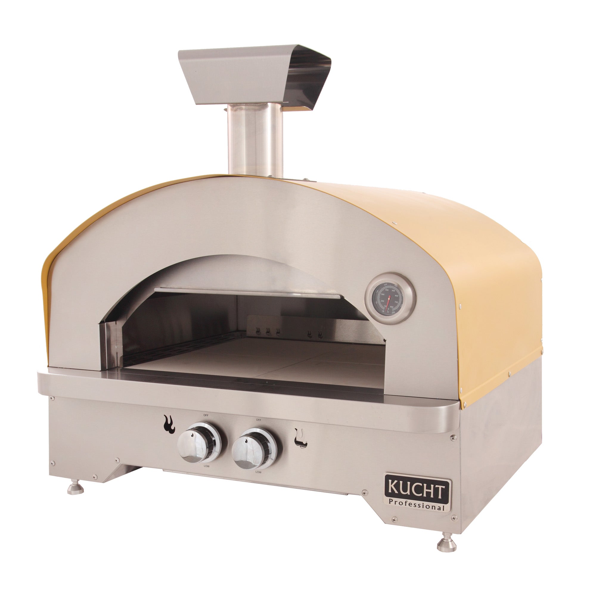 Yellow and stainless gas outdoor oven with open front, temperature gauge, and control knobs