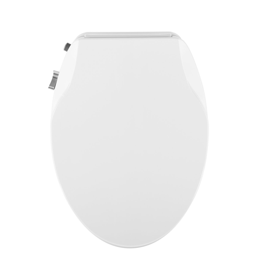 White non-electric bidet seat with closed lid for elongated toilet, front view