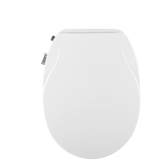 White non-electric bidet seat for round toilets with closed lid and front cutout.