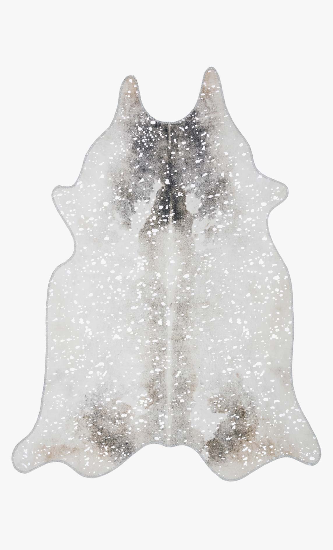 Contemporary power-loomed rug with silver-gray speckled pattern, cowhide-shaped