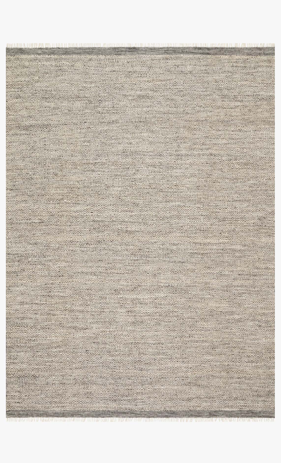 Grey hand-woven area rug with subtle speckled texture and clean flat border.