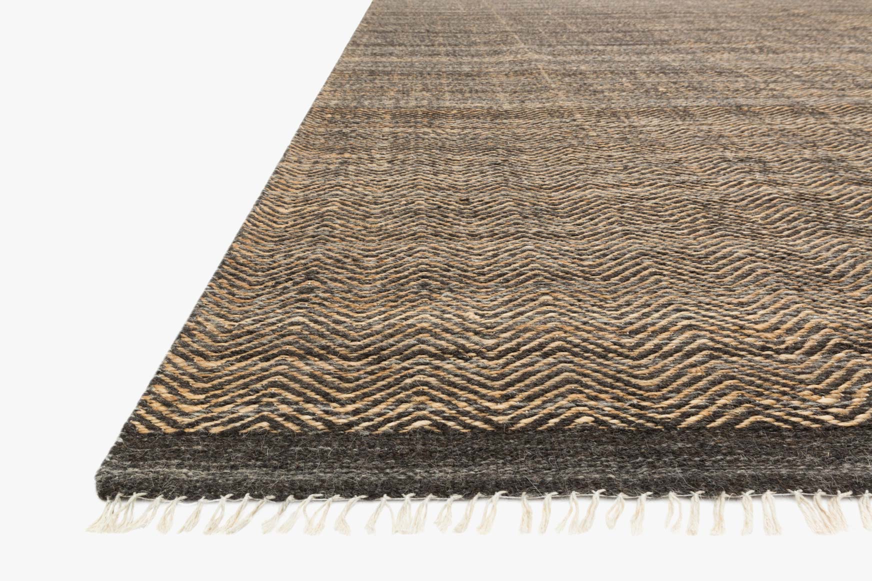 Contemporary hand-woven rug with zigzag weave and short fringe, mocha