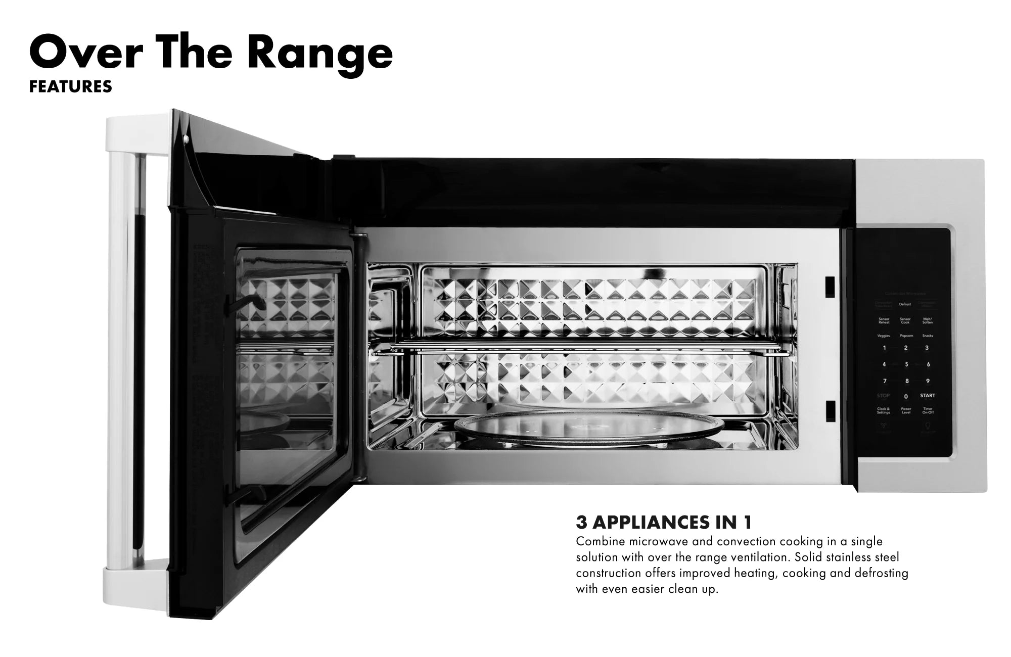 Satin stainless over-the-range microwave oven open with interior cavity and keypad control
