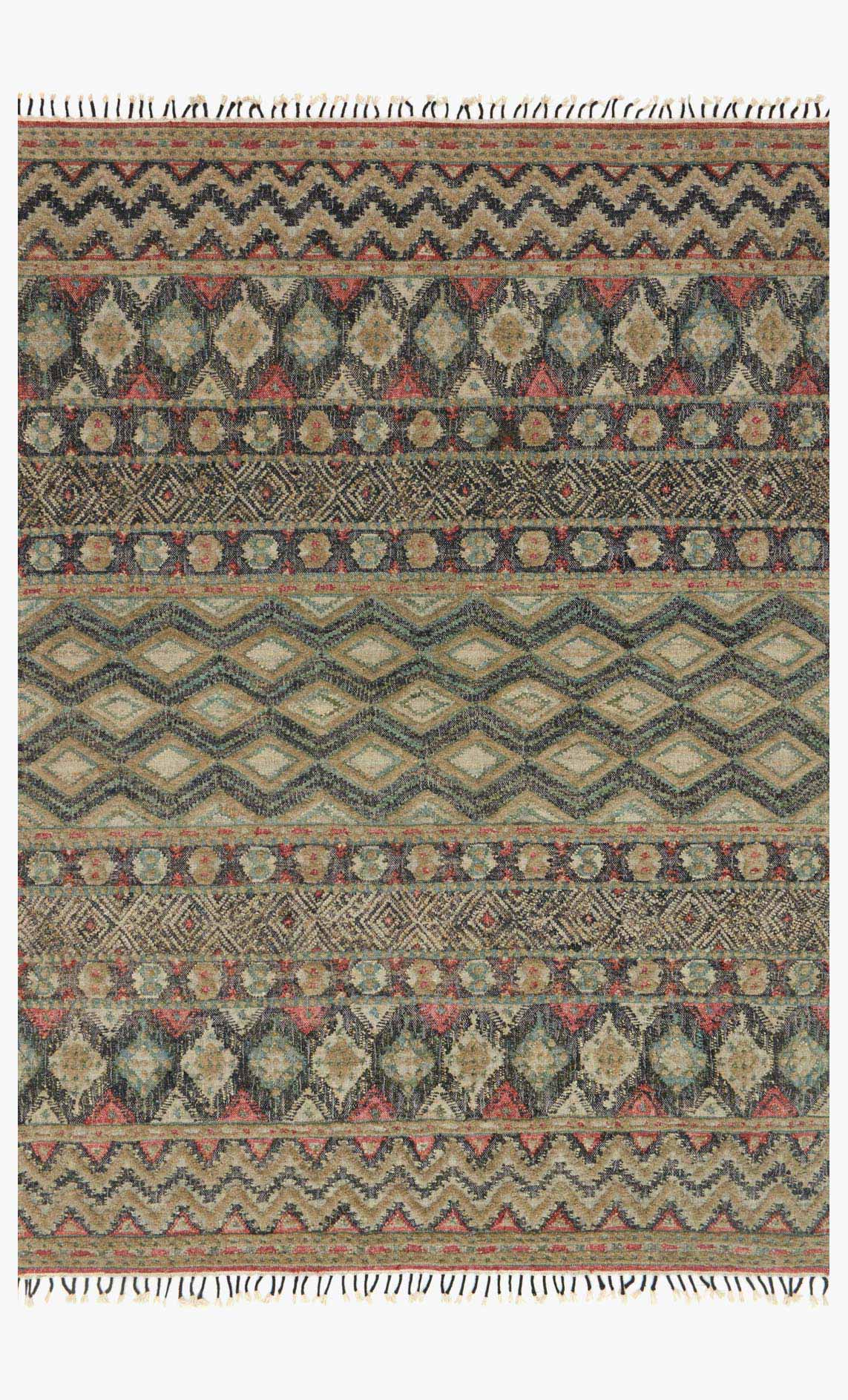 Indigo and sage hand-woven rug with geometric zigzag and diamond pattern, fringe edges