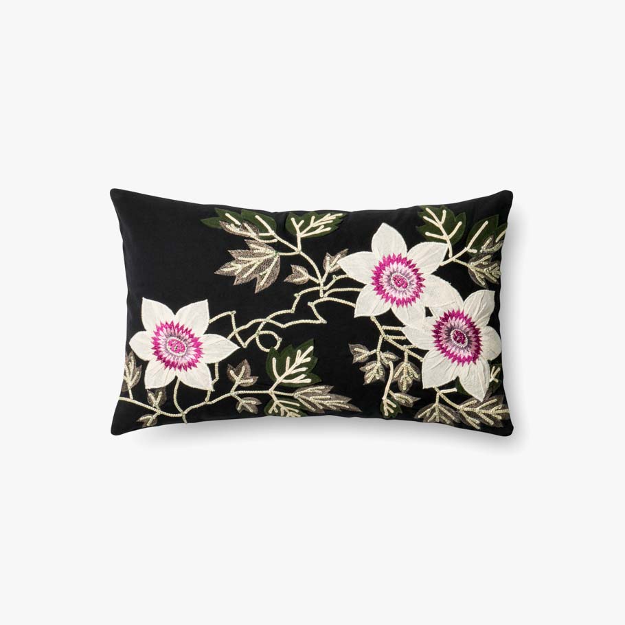 Black and ivory throw pillow with embroidered floral vine and pink daisy accents