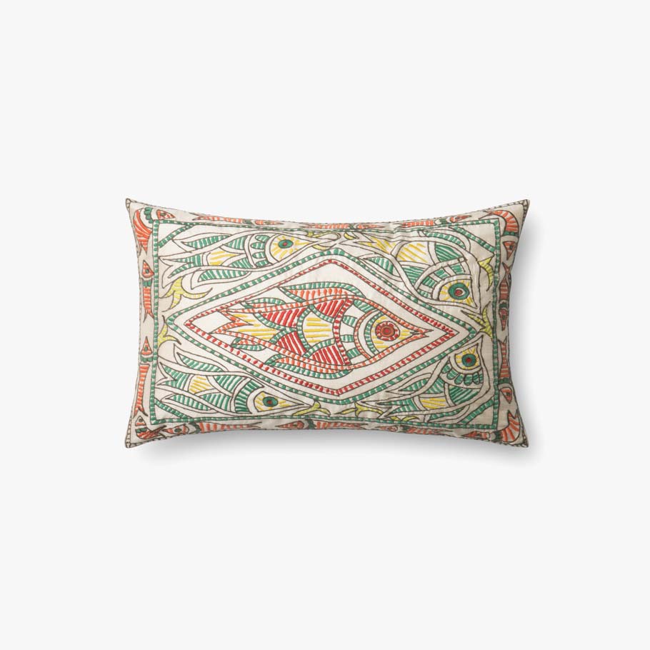 Decorative down-filled pillow in multi color abstract scroll pattern
