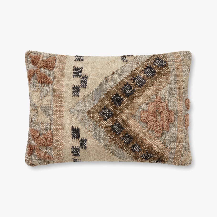 Hand-woven accent pillow with beige base and geometric blue and brown motifs