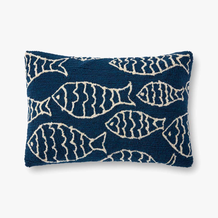 Navy square down-filled pillow with off-white fish motif, stitched trim
