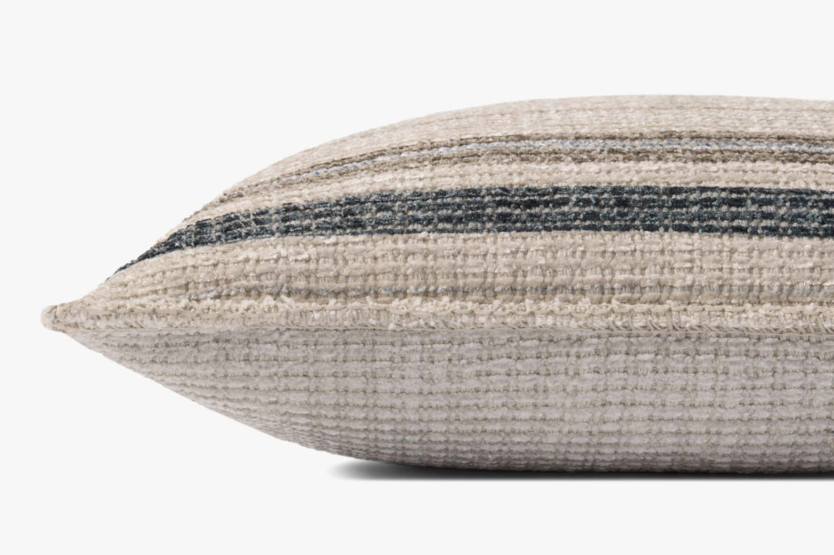 Ivory striped pillow cover close-up with navy and light blue horizontal bands
