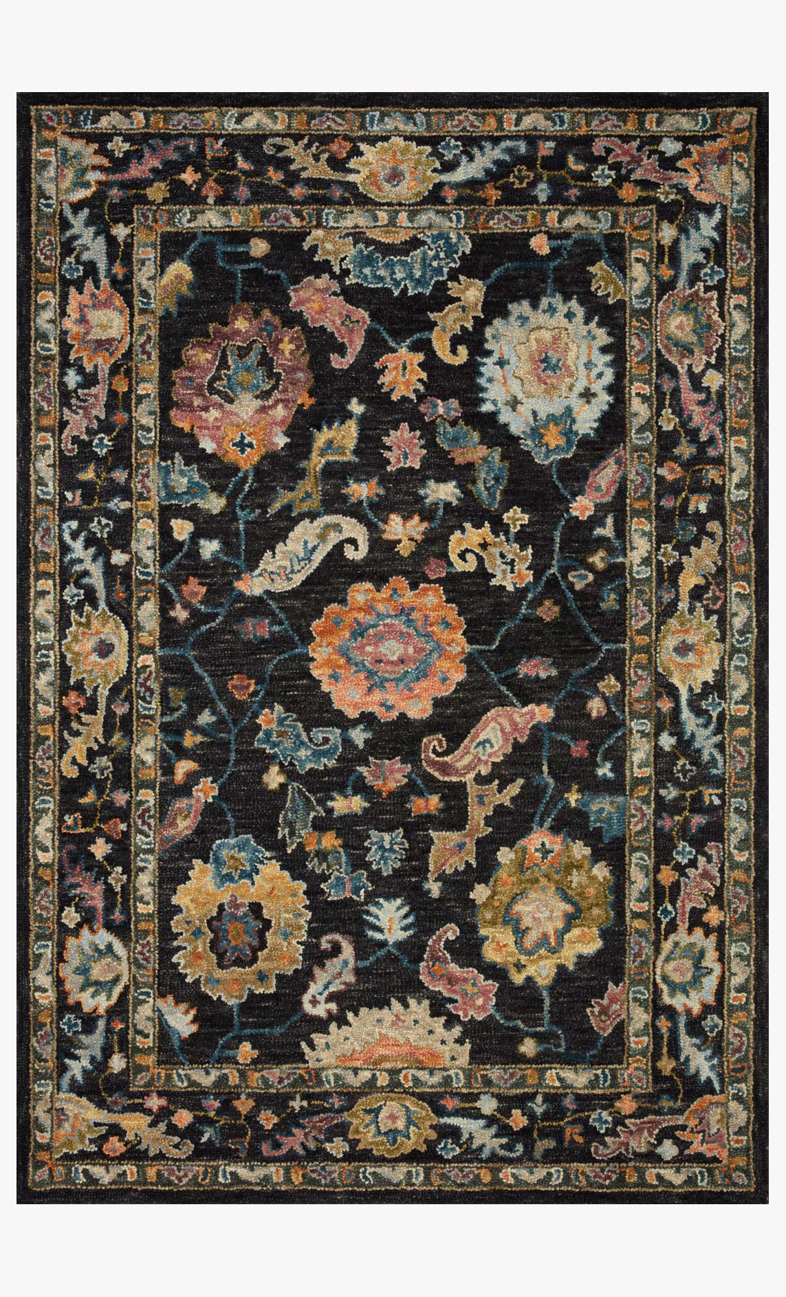 Black transitional hooked rug with ornate floral medallion and border