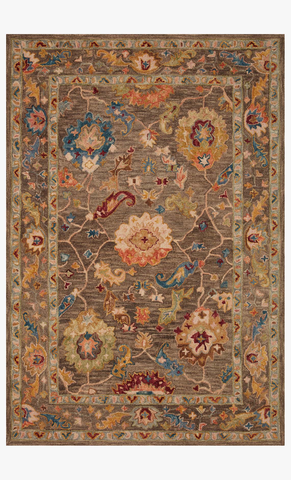 Charcoal transitional hooked rug with multicolor floral and medallion pattern