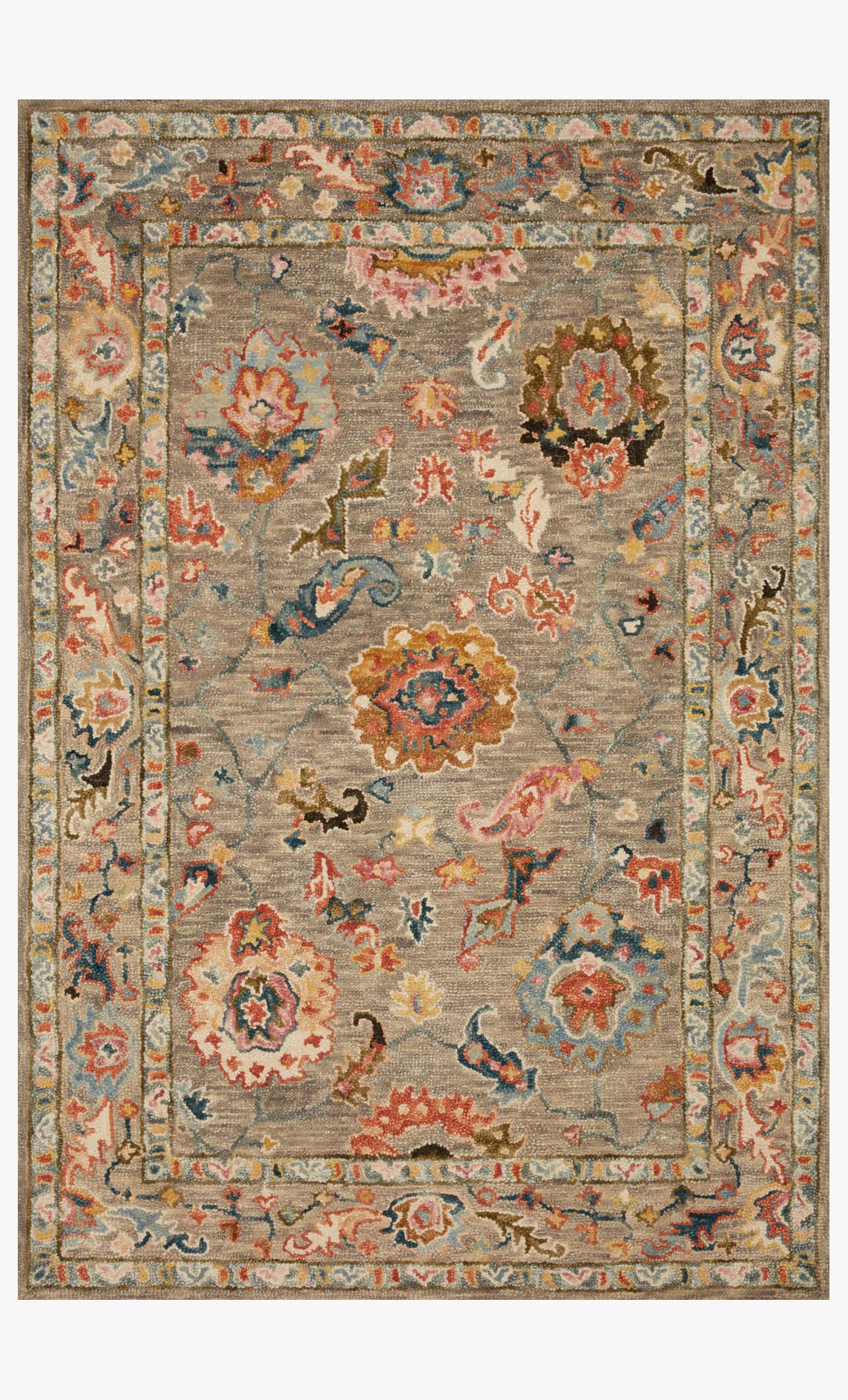 Transitional hooked rug in grey with multicolor floral motifs and ornate border